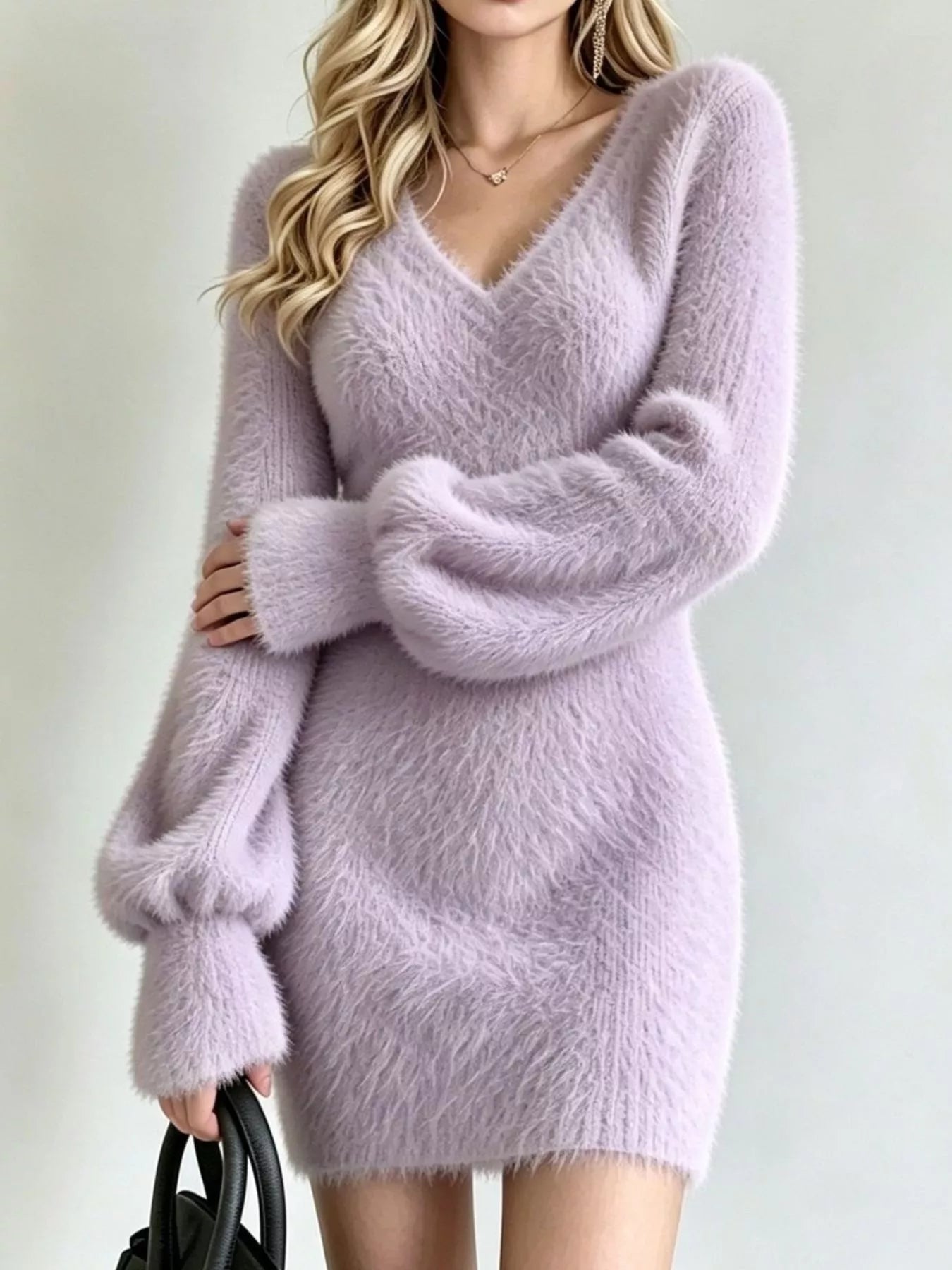 V-Neck Fuzzy Knit Sweater Dress — product image 5