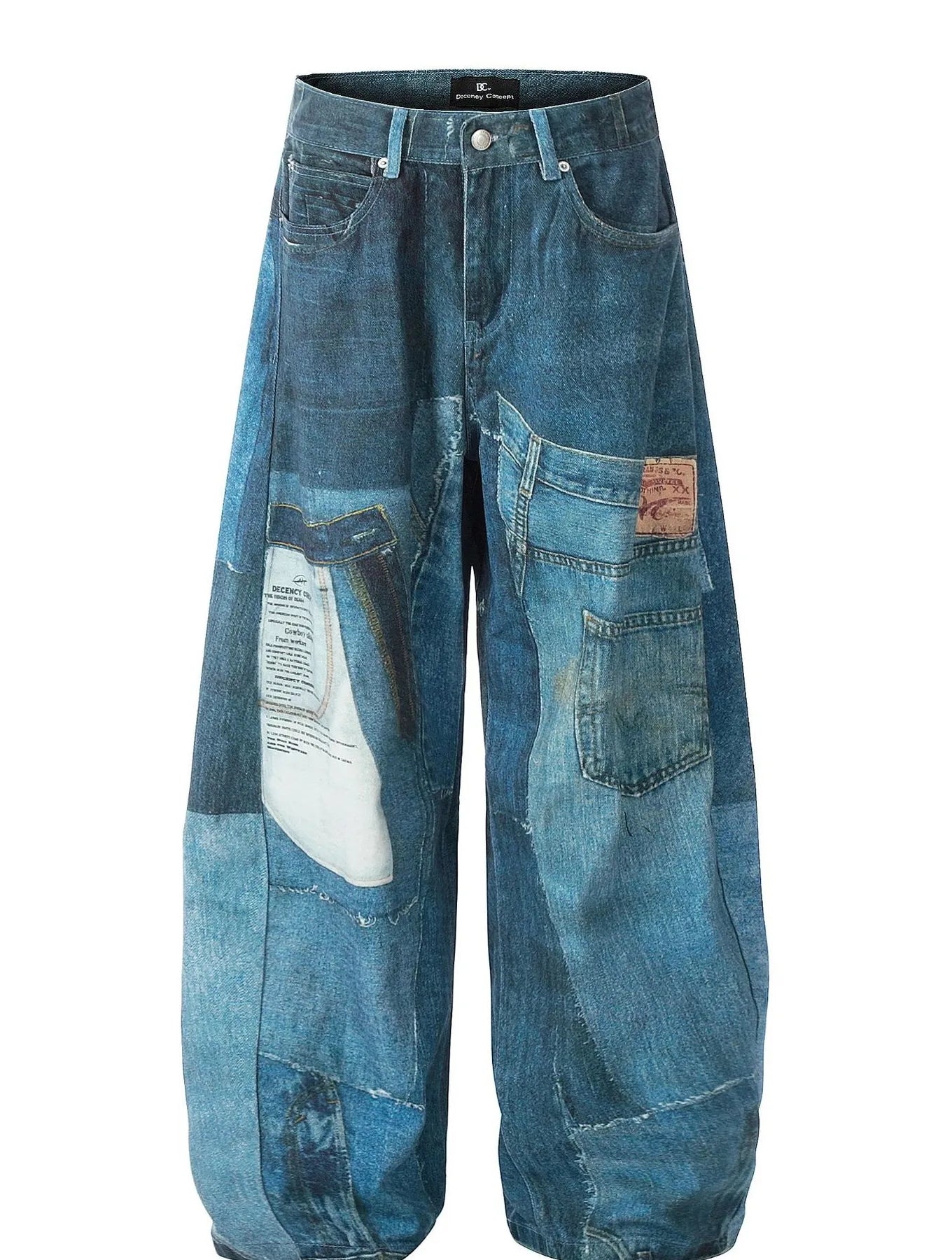 Men's washed blue wide leg jeans with patchwork panels and curved seams.