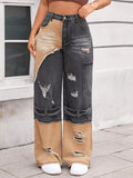 Two-tone wide leg jeans with ripped detailing.