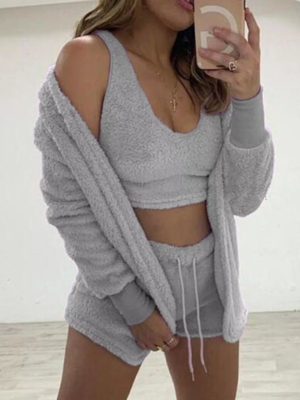 Fuzzy Tank, Cardigan & Shorts Three-Piece Set — Plus Size — product image 30