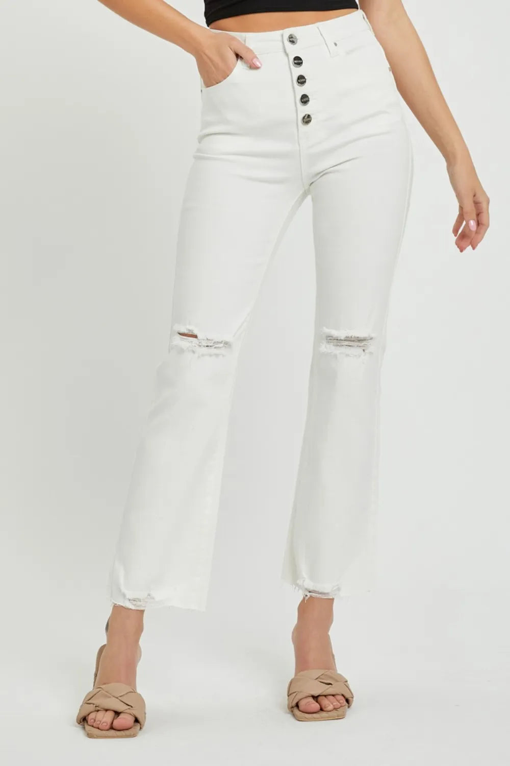 High rise button fly straight ankle jeans