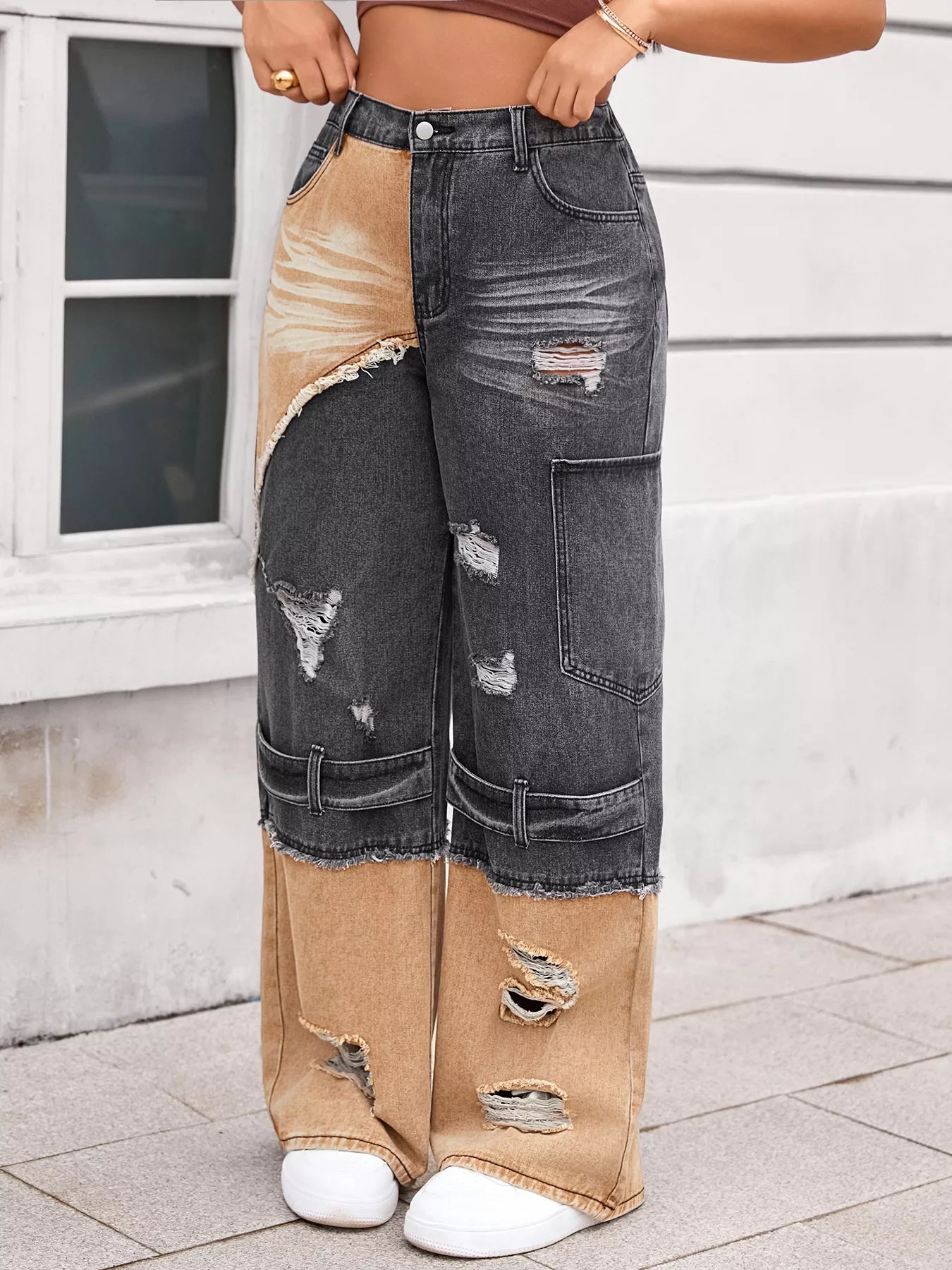 Two-Tone Ripped Wide Leg Jeans — product image 3
