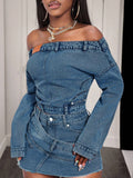 Off-shoulder long sleeve denim top