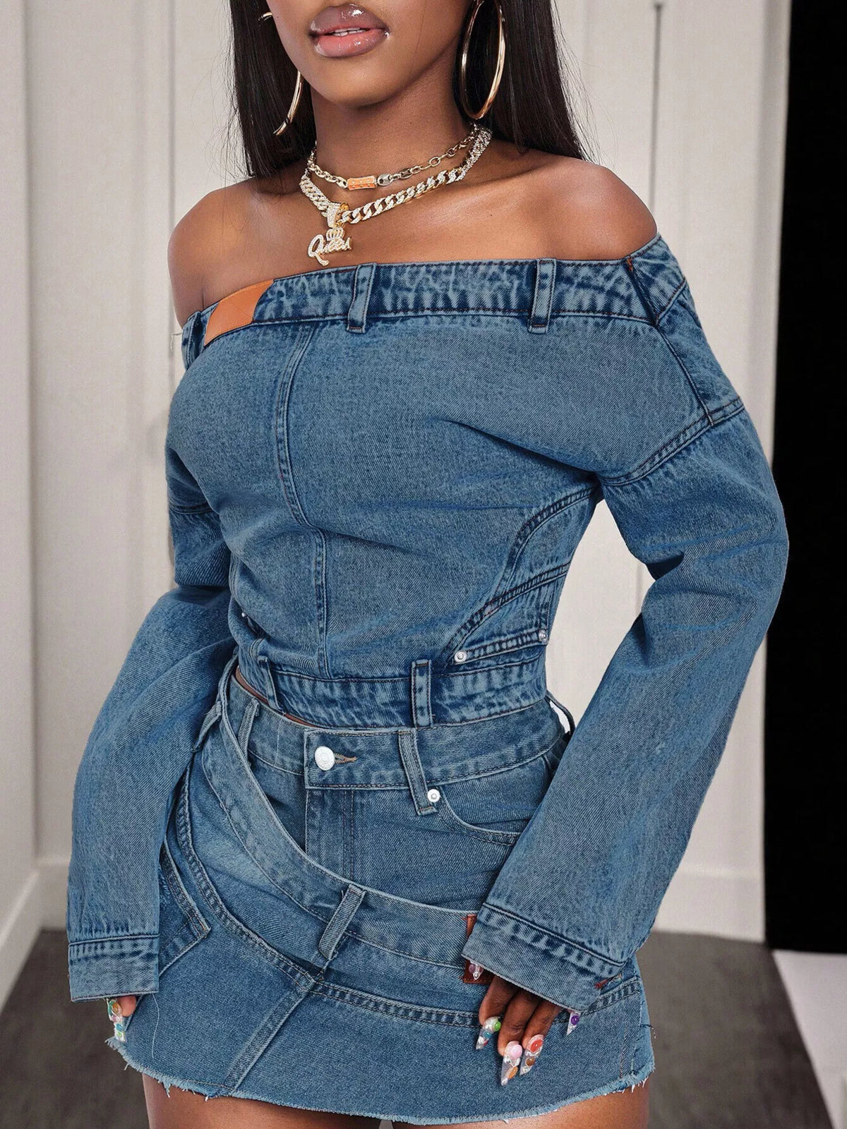 Off-shoulder long sleeve denim top