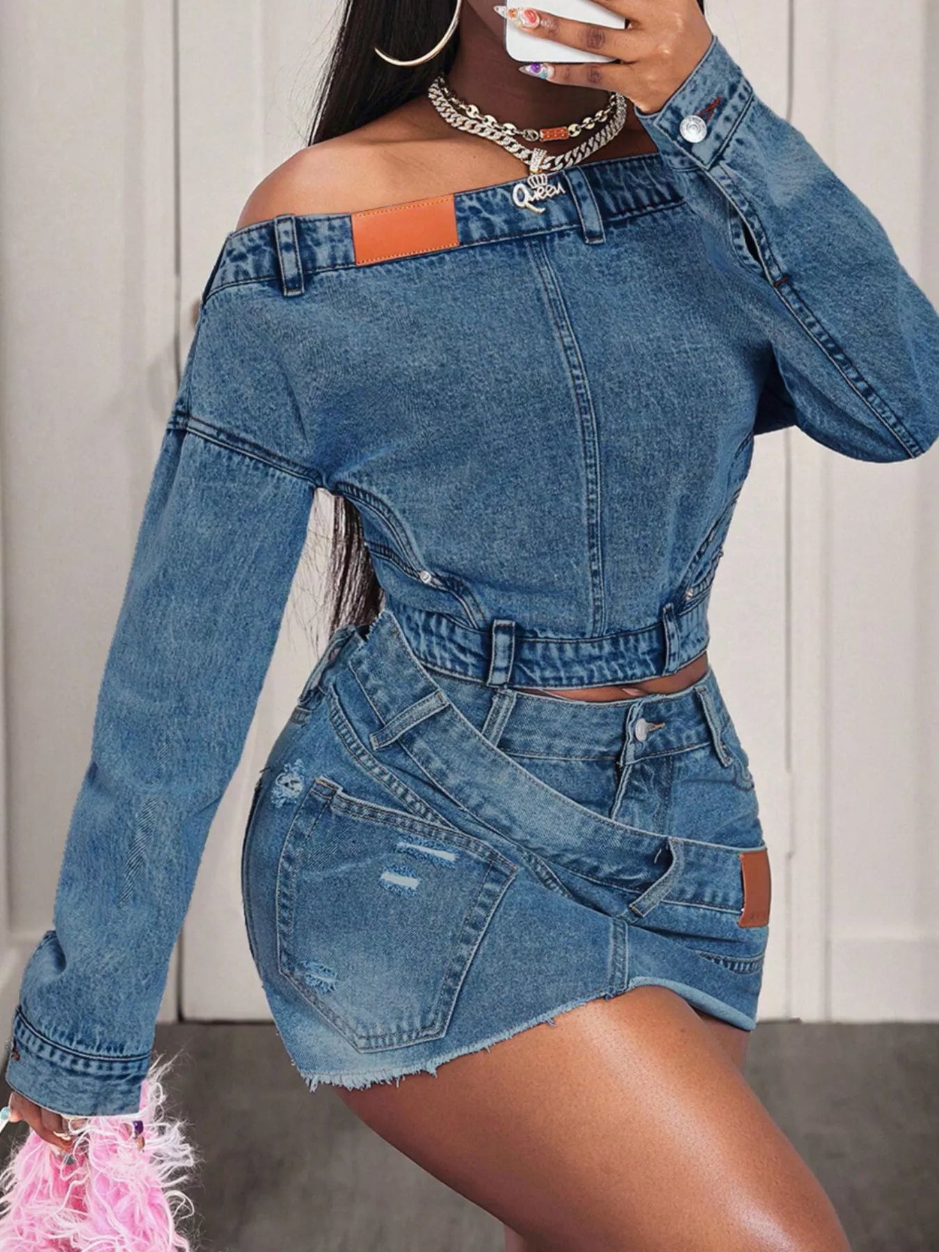 Off-Shoulder Long Sleeve Denim Top — product image 4