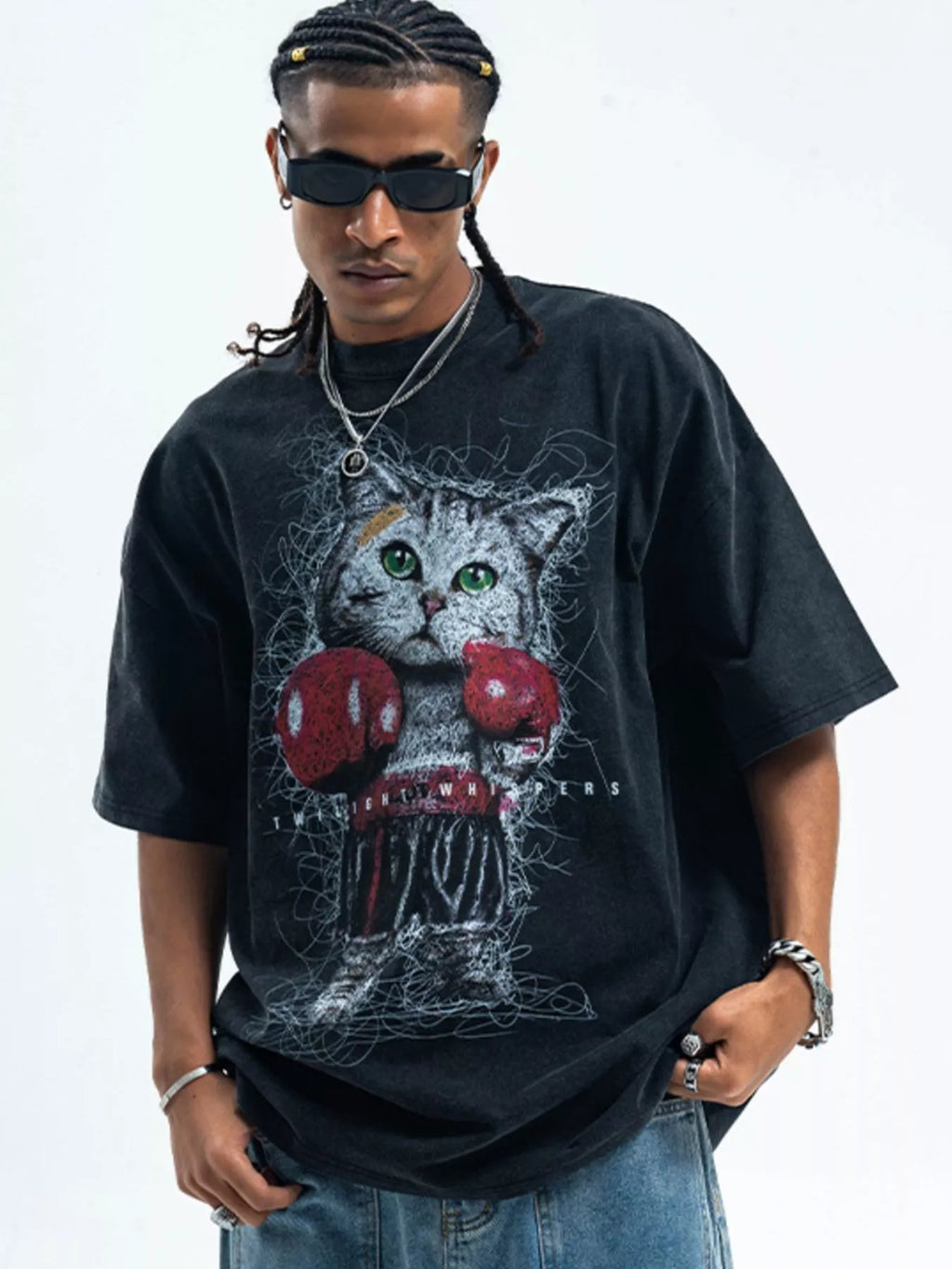 Men's vintage wash black t-shirt with a cat graphic.