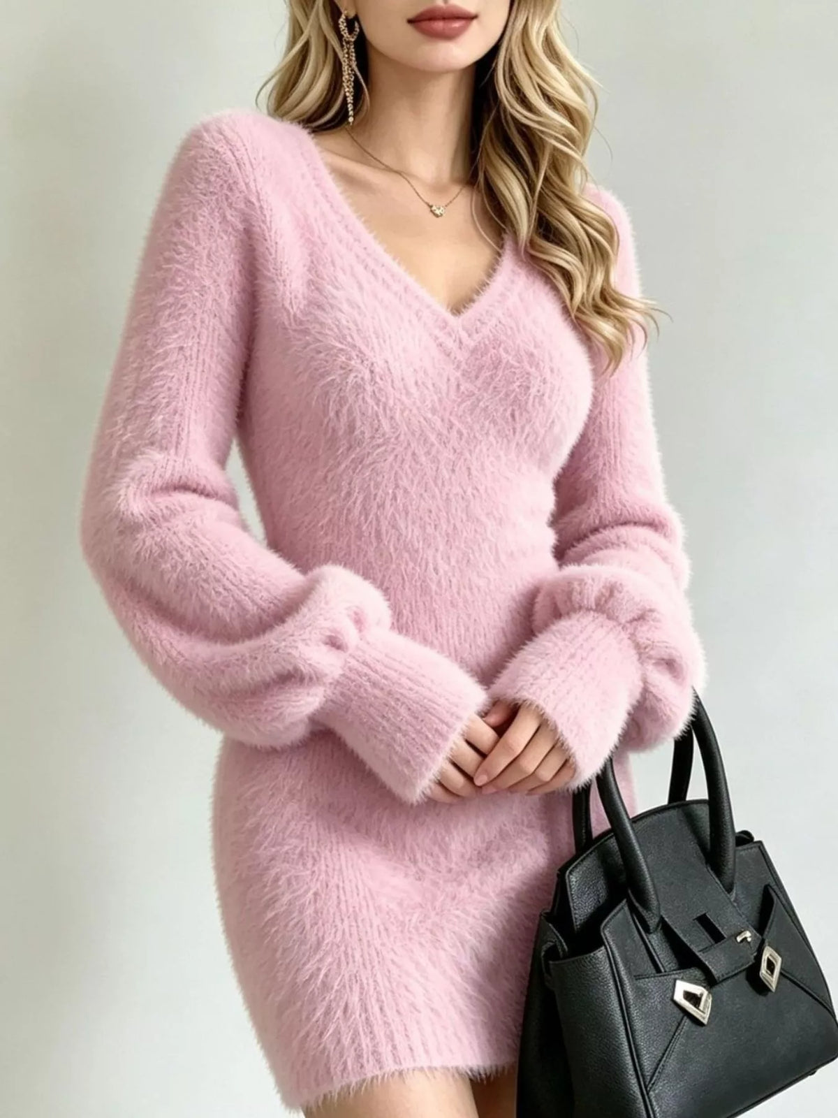 V-Neck Fuzzy Knit Sweater Dress — product image 8