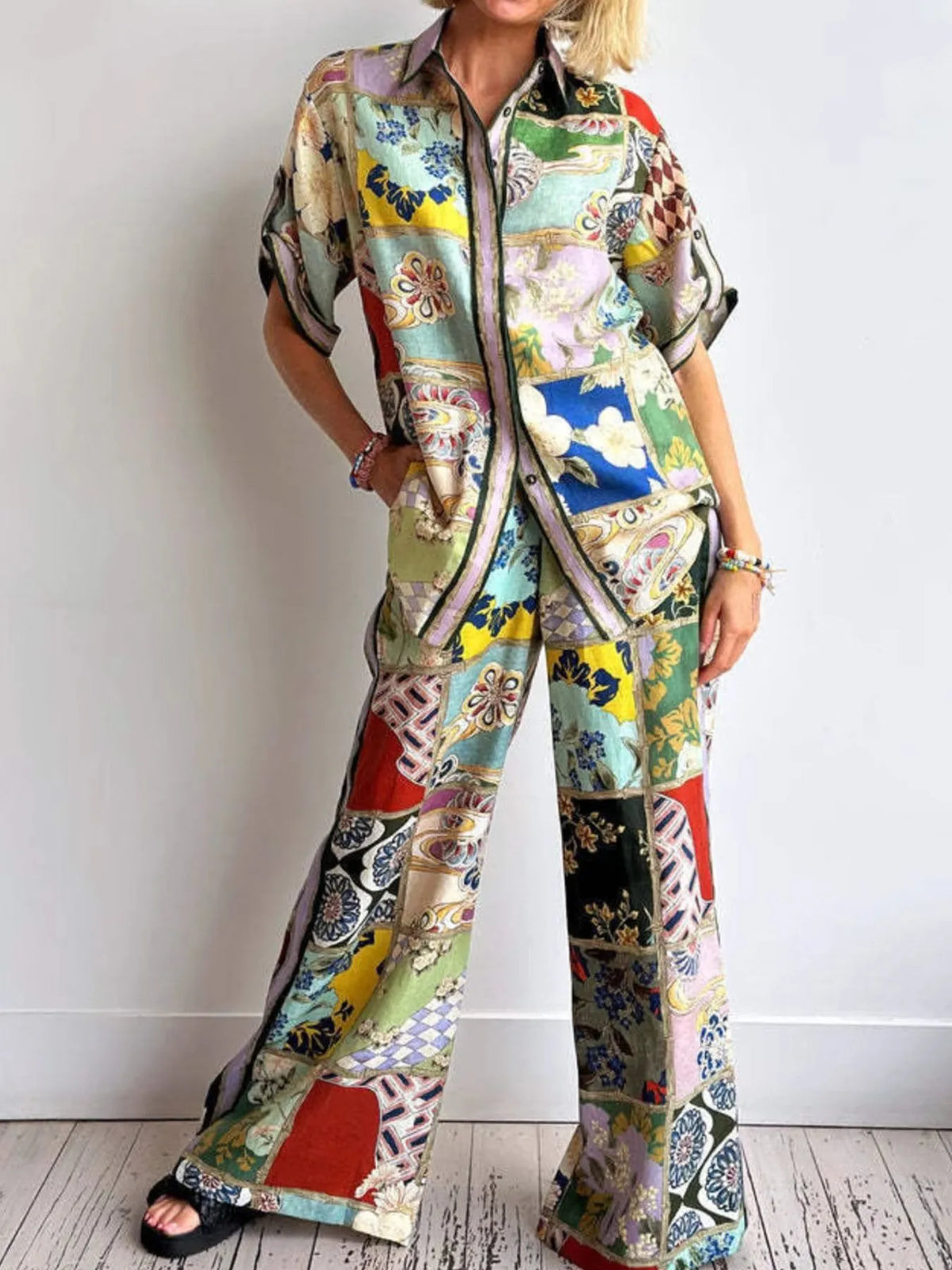 Printed button up shirt and trousers set