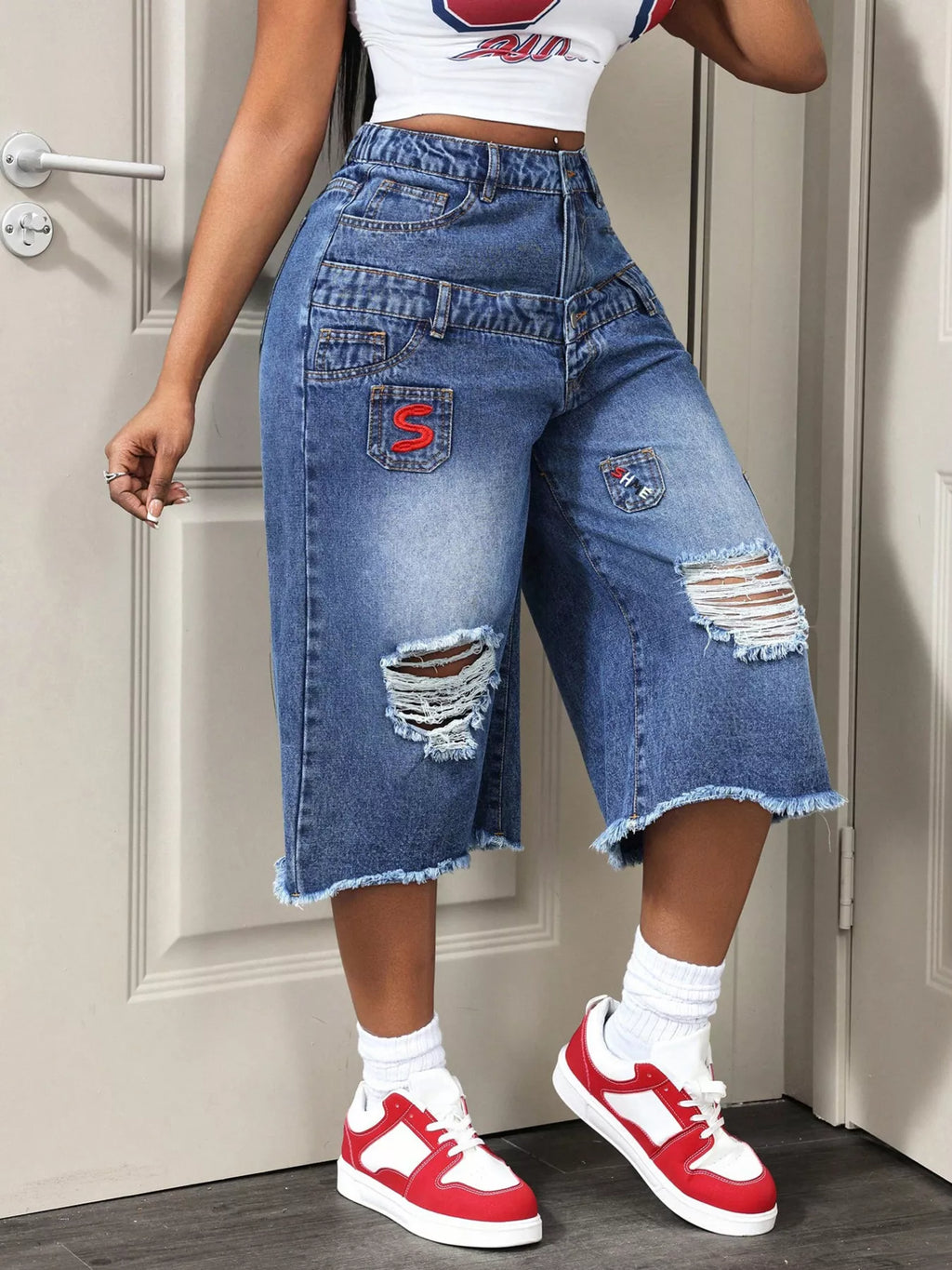 Distressed Wide-Leg Denim Capris — product image 2