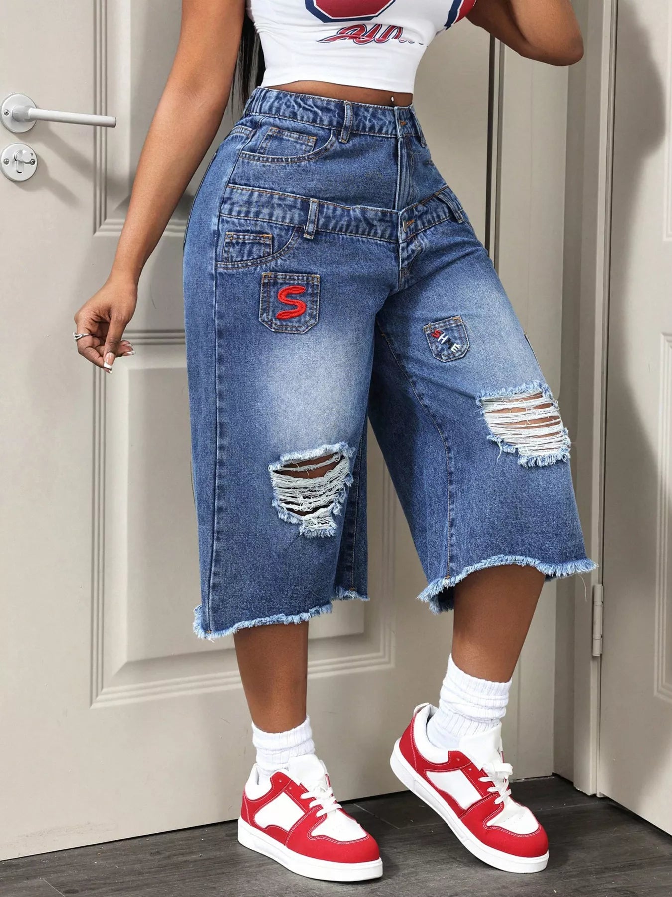 Distressed Wide-Leg Denim Capris — product image 2