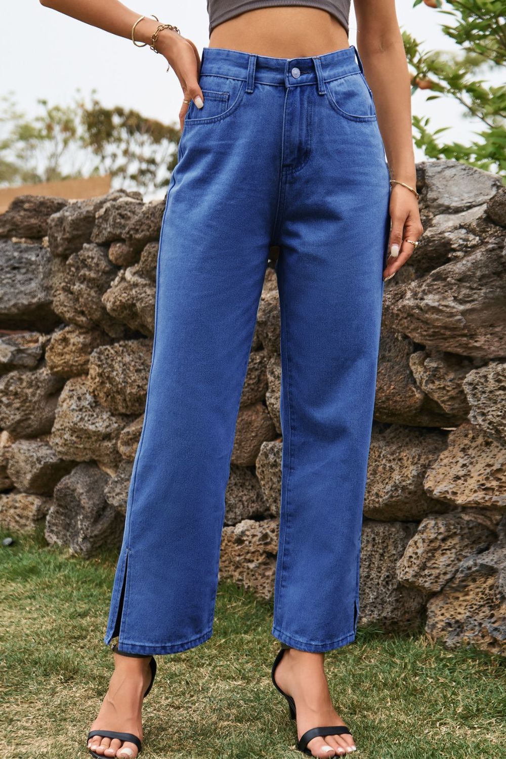 High Waist Loose Fit Ankle Slit Jeans — product image 4