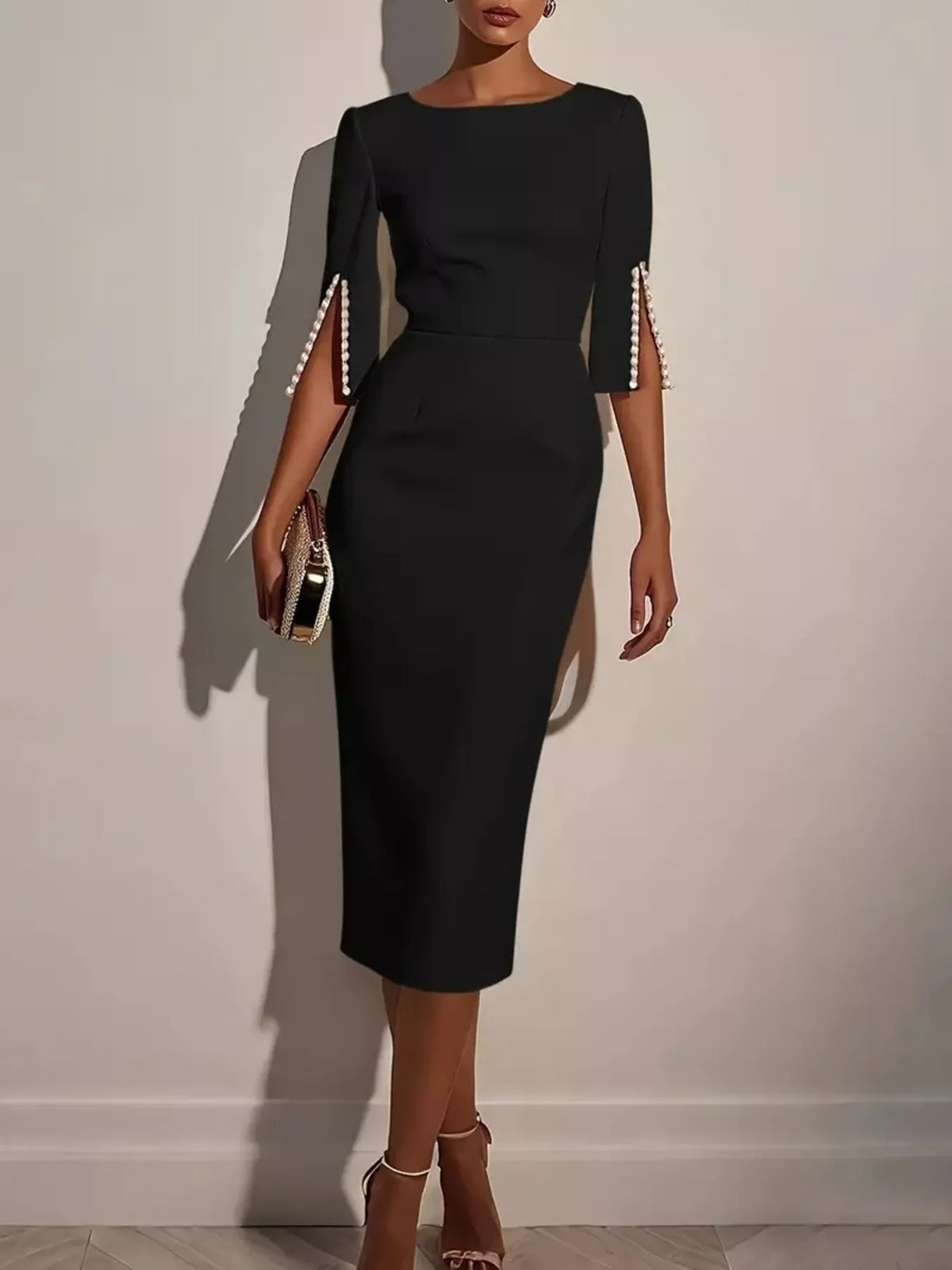 Slim-Fit Elegant Midi Dress with Beaded Slit Sleeve — product image 4