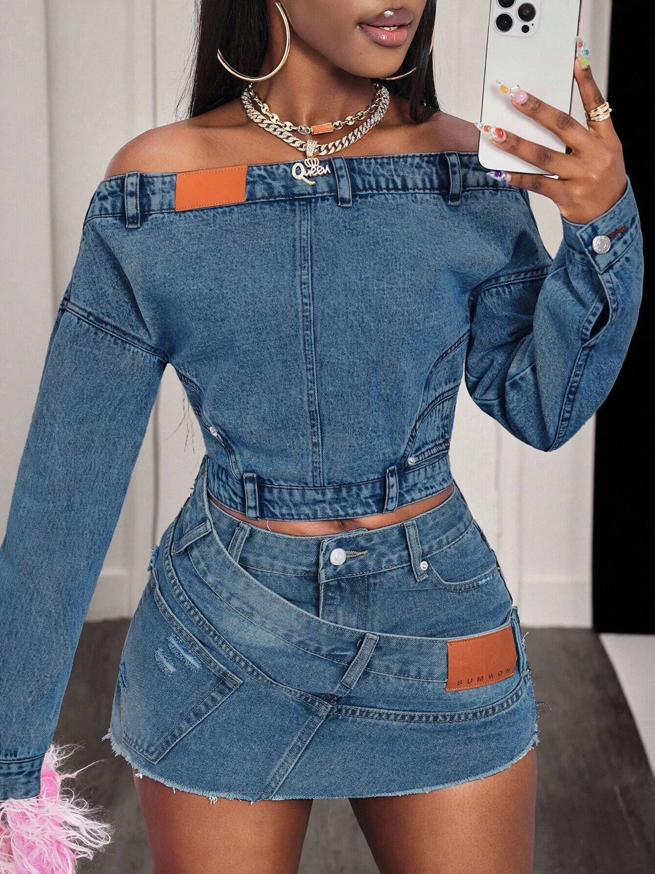 Off-Shoulder Long Sleeve Denim Top — product image 5