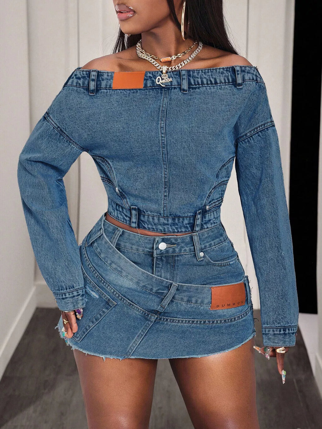 Off-Shoulder Long Sleeve Denim Top — product image 3