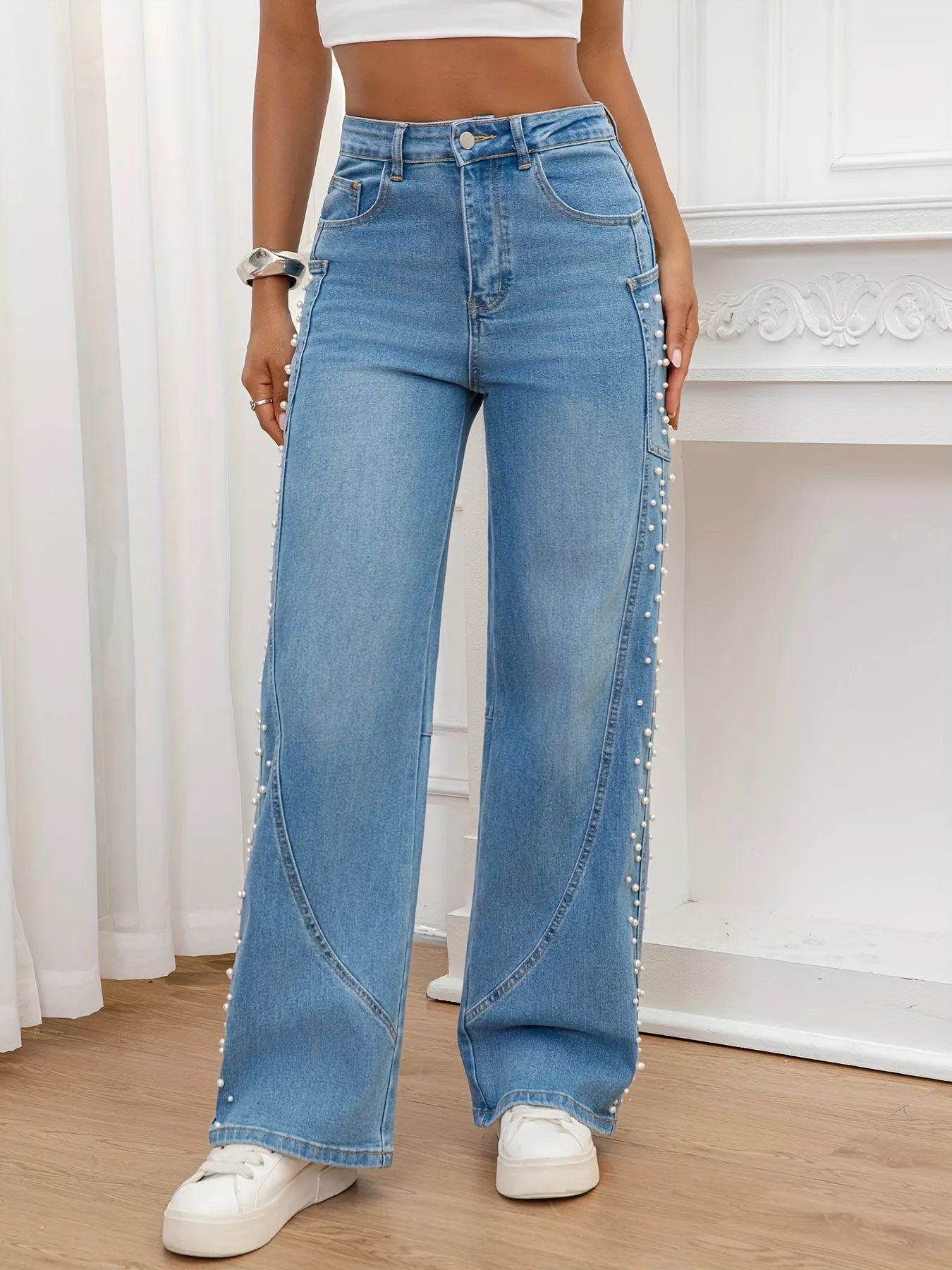 Pearl Embellished Wide Leg Jeans — product image 3