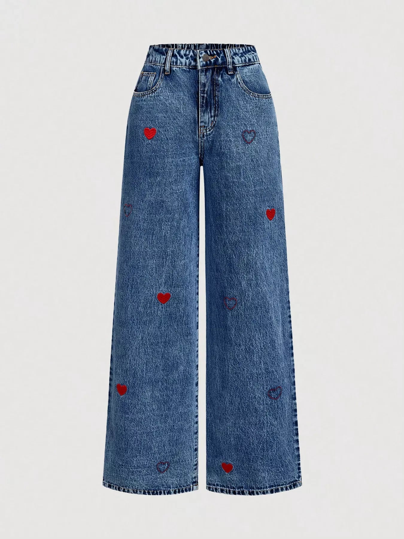 Dark blue wide-leg jeans with embroidered heart detail.