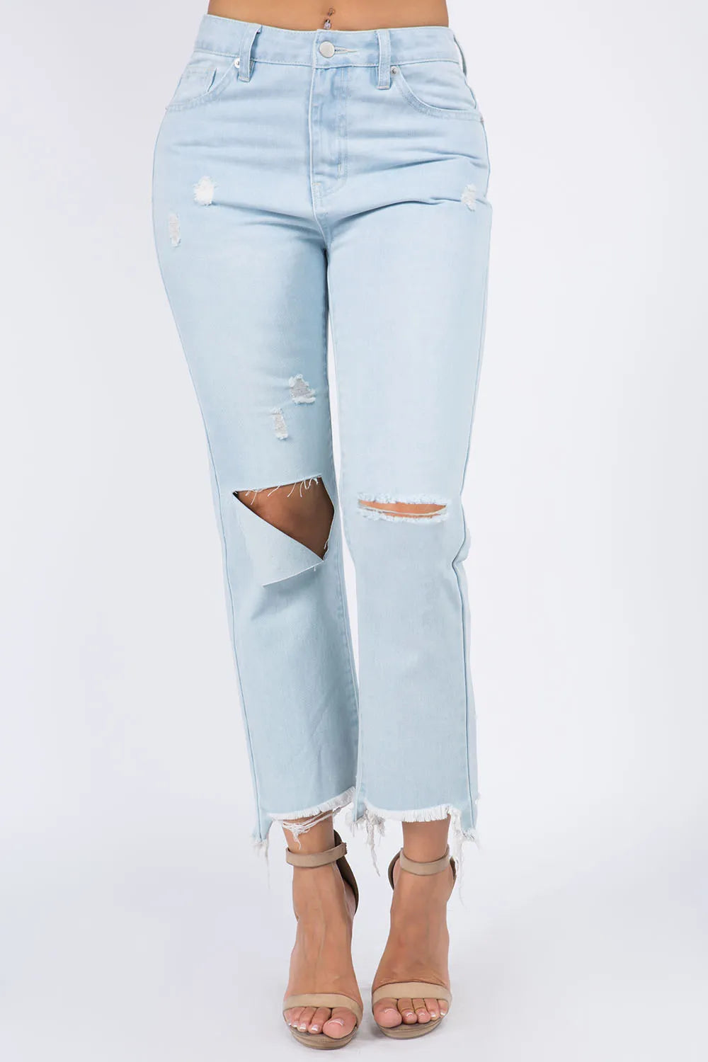 High waist distressed jeans with raw hem