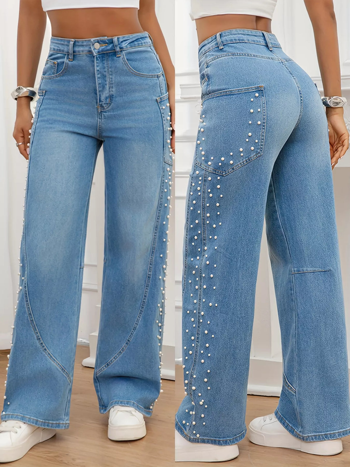 Pearl Embellished Wide Leg Jeans — product image 2