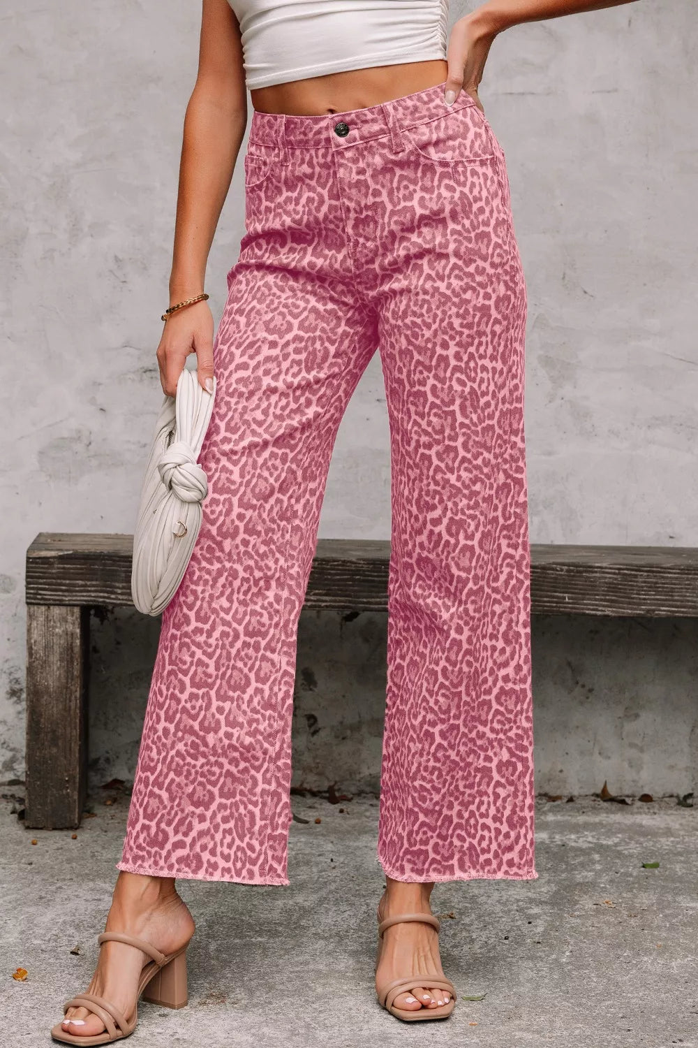 Leopard print frayed hem wide leg jeans