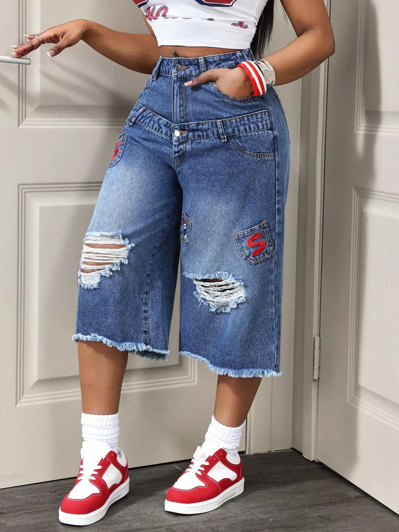 Distressed Wide-Leg Denim Capris — product image 3