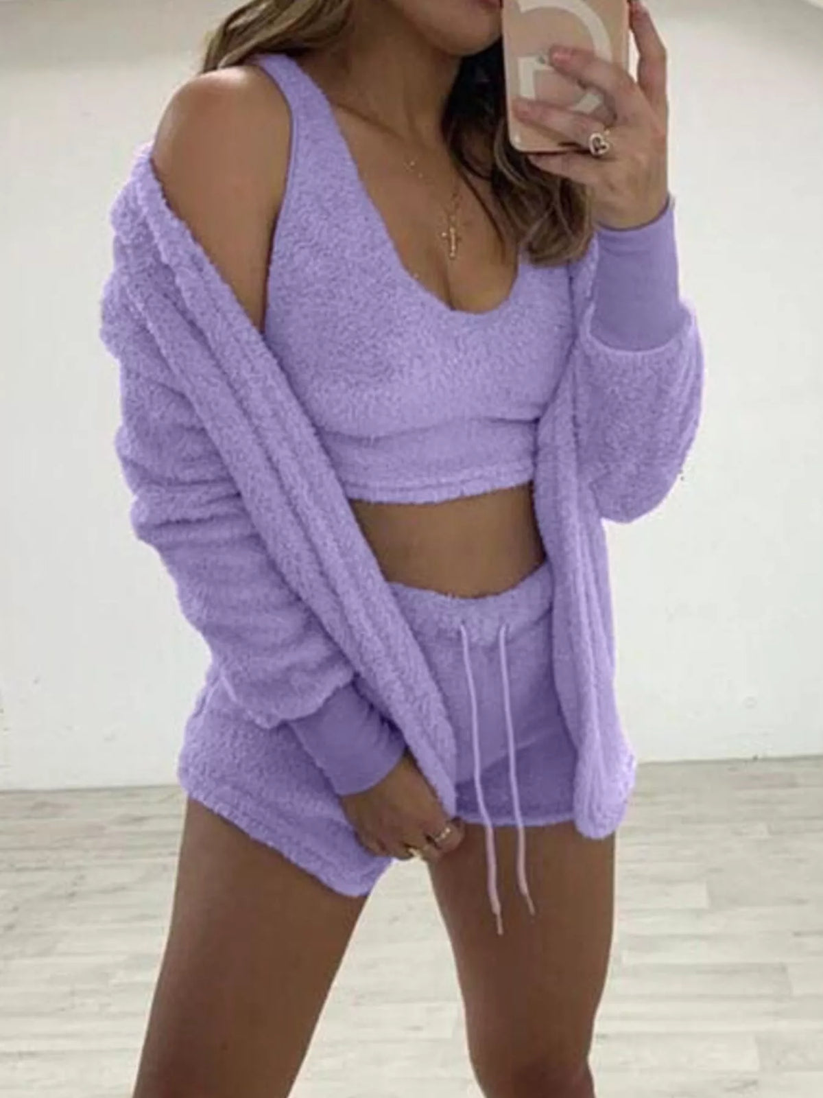 Fuzzy Tank, Cardigan & Shorts Three-Piece Set — Plus Size — product image 37