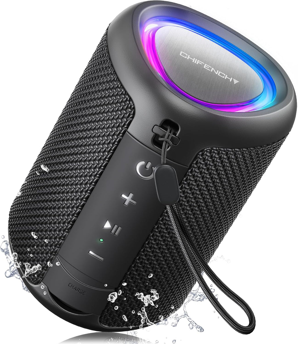 Portable IPX5 waterproof Bluetooth speaker in black with water droplets