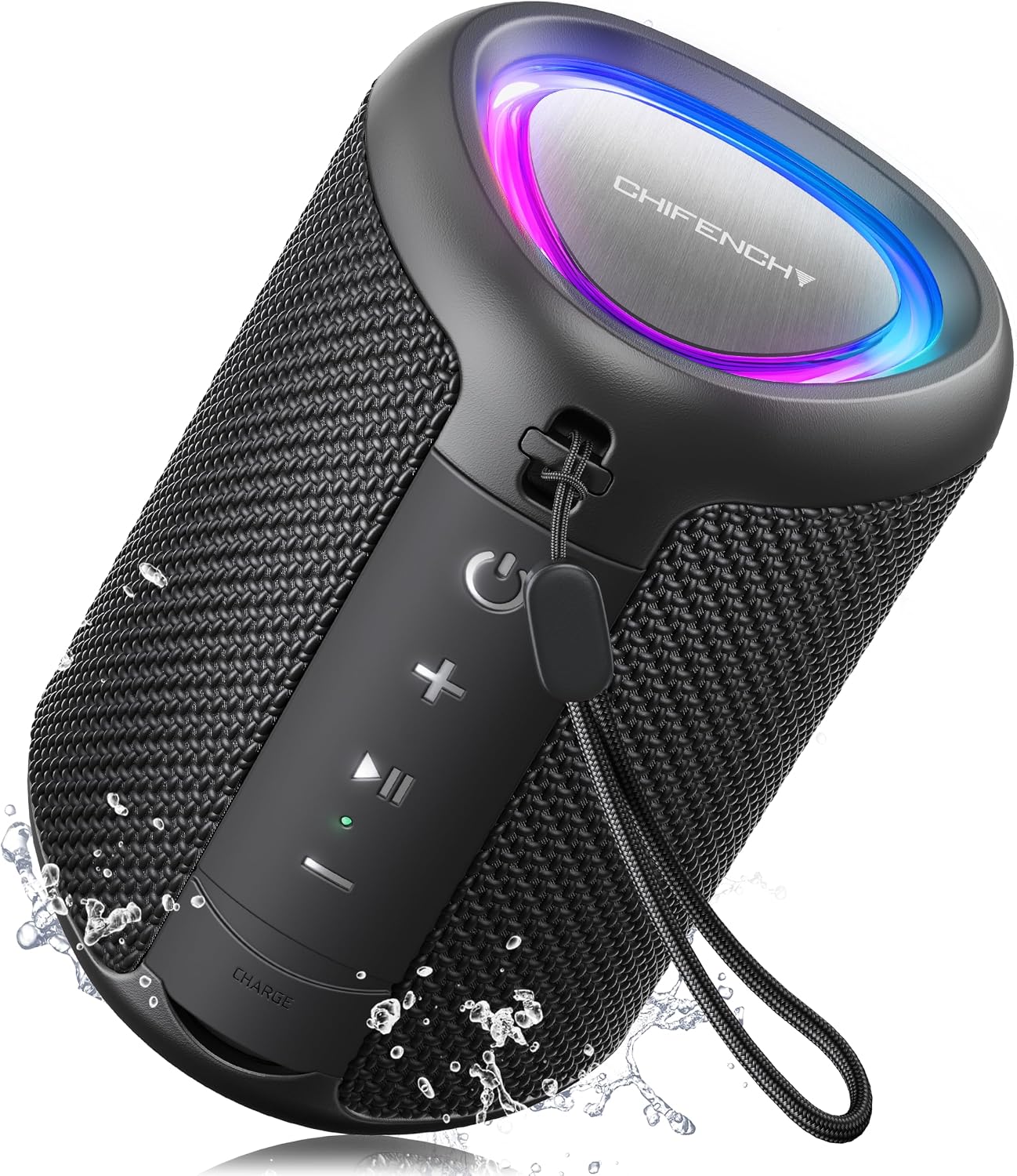 Portable IPX5 waterproof Bluetooth speaker in black with water droplets