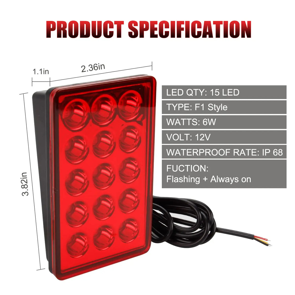 F1 Style LED Rear Fog & Brake Light — 15 LED, Flashing Warning — product image 2