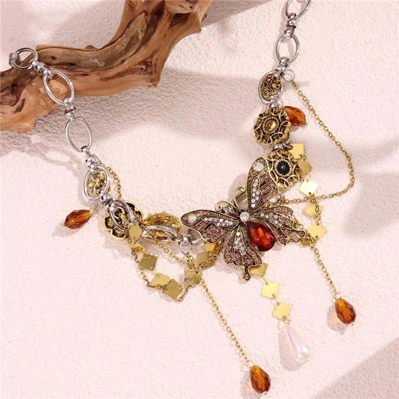Rhinestone Butterfly Choker Necklace — Long Crystal Tassel — product image 5