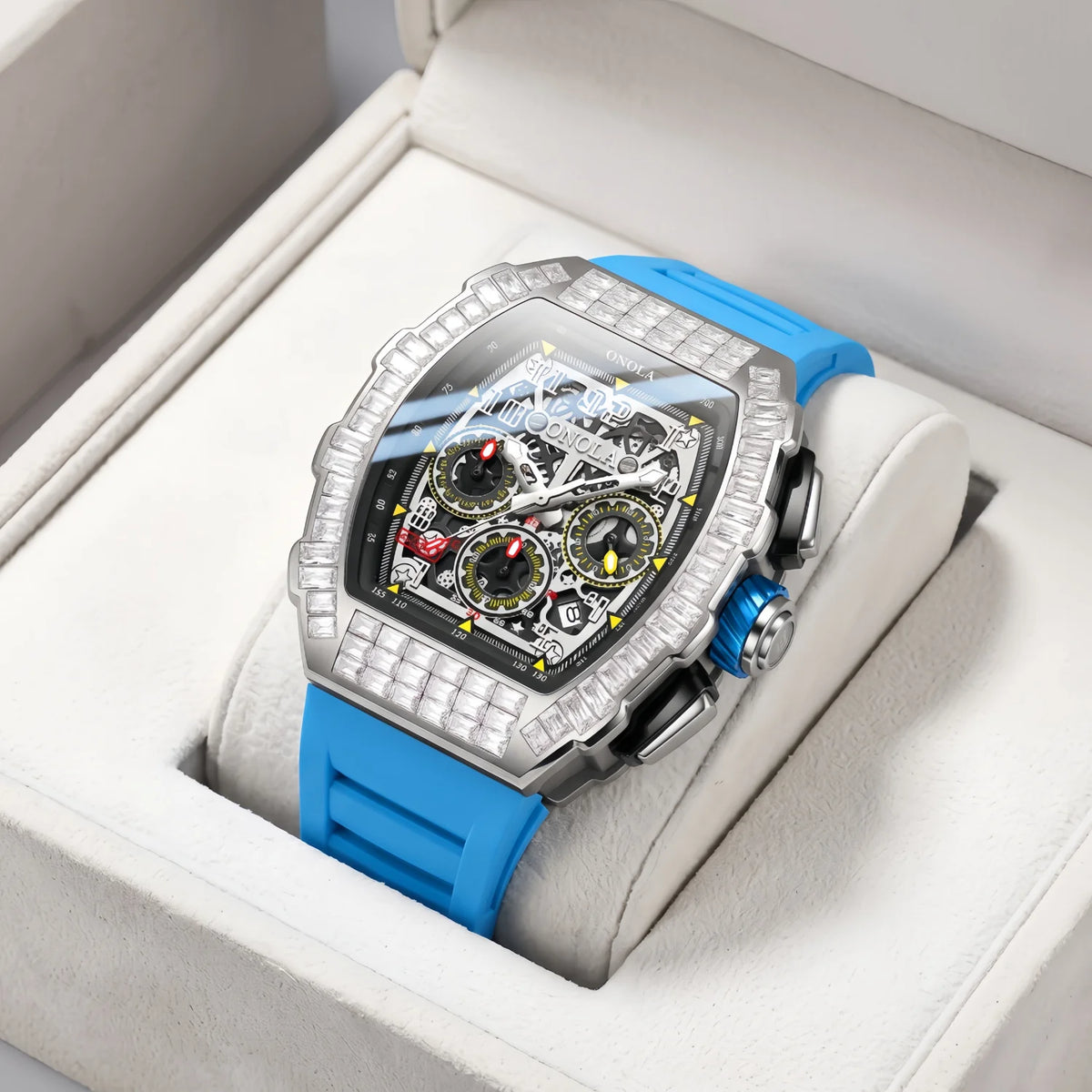 ONOLA automatic mechanical watch with silicone strap, silver and blue