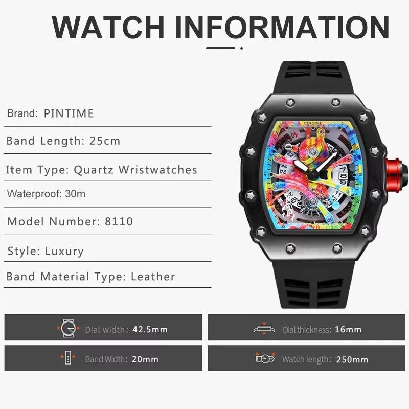 Tonneau Multifunction Quartz Watch — Graffiti Dial, Auto Date — product image 5