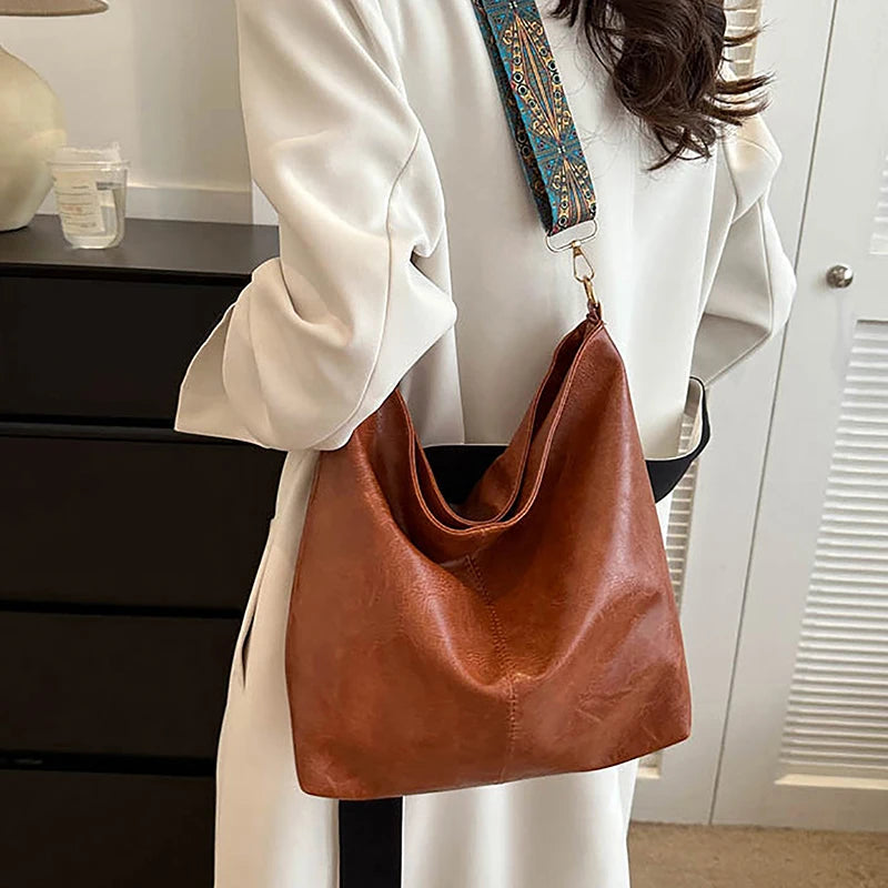 PU Leather Vintage Solid Color Women Fashion Shoulder Sling Bag High-Capacity Simple Adjustable Wide — product image 2