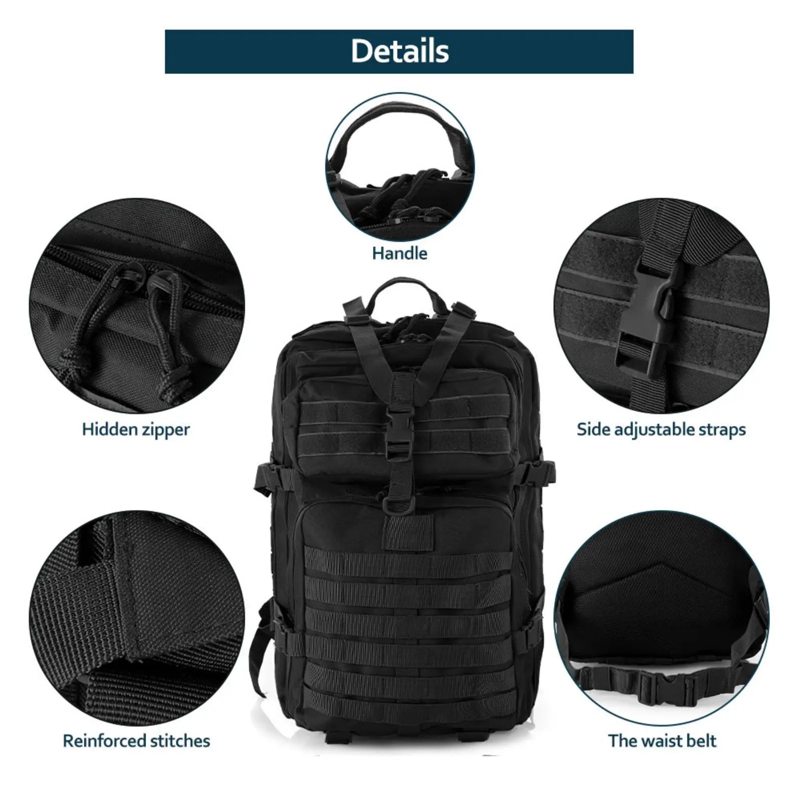 50L Tactical Backpack — Waterproof Nylon, Hiking & Camping — product image 5