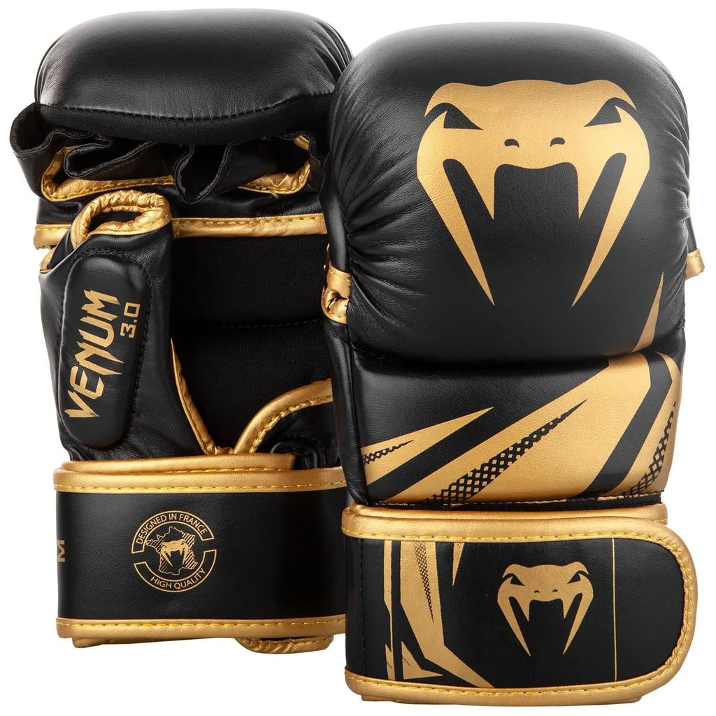 Semi-finger MMA training gloves in black and gold