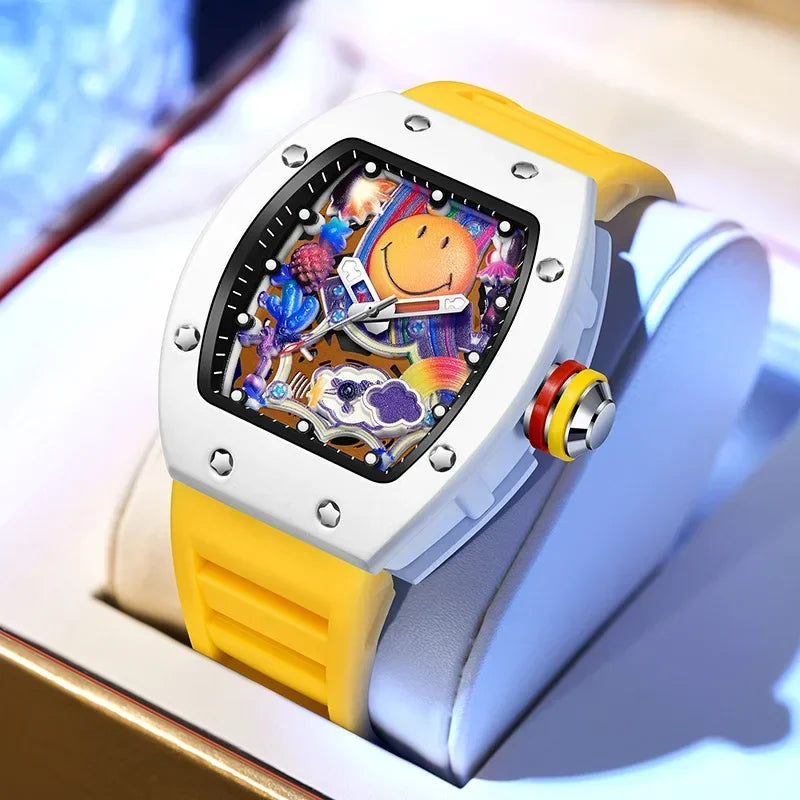 KIMSDUN barrel-case quartz watch with hollow dial and silicone strap