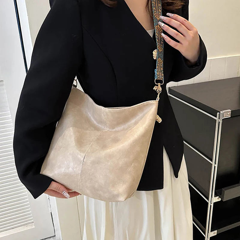 PU Leather Vintage Solid Color Women Fashion Shoulder Sling Bag High-Capacity Simple Adjustable Wide — product image 5