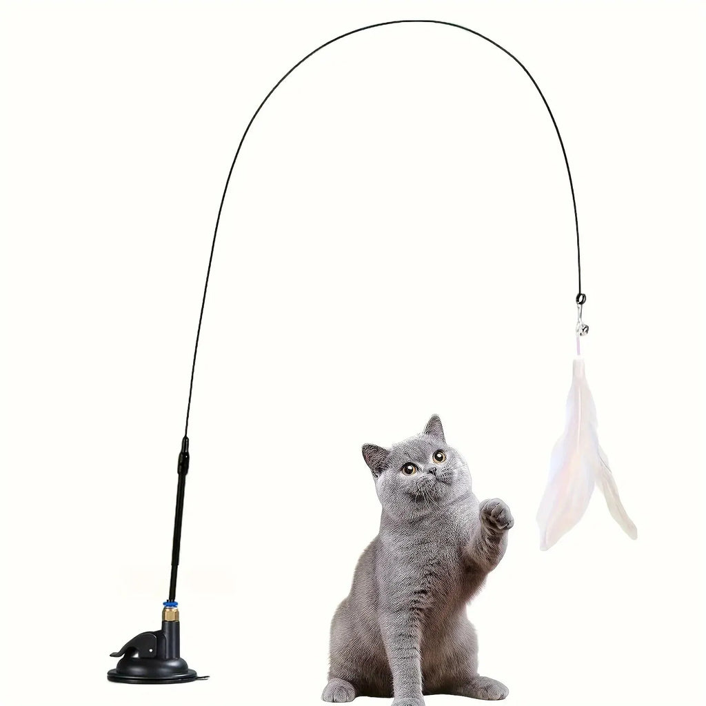 Cat teaser wand with feather and bell on a suction cup pole