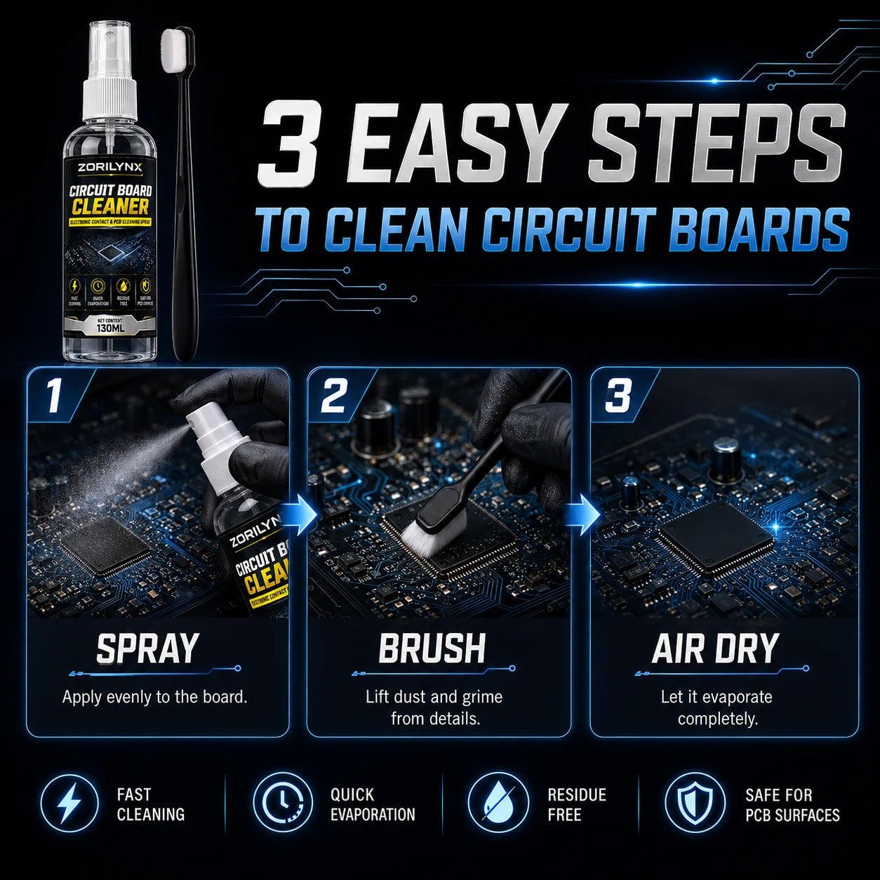 Electronics & PCB Cleaner Spray — Fast Evaporating, with Brush — product image 3