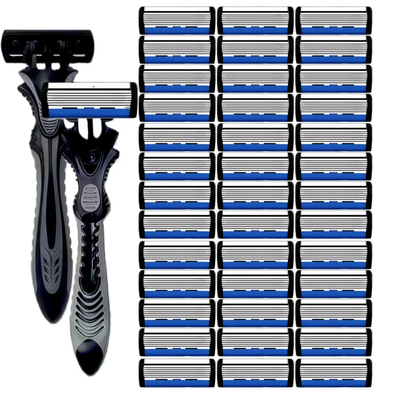 Six-layer safety razor handle with replacement blade cartridges