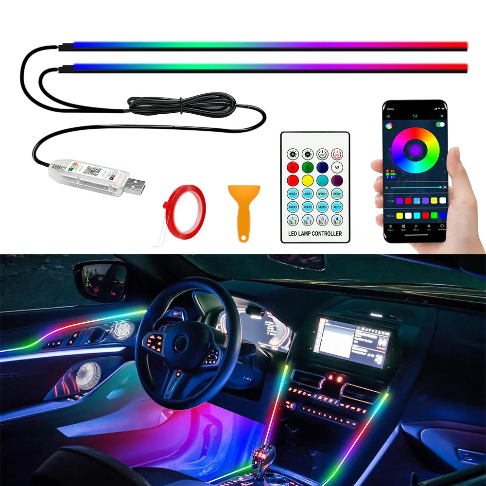 RGB acrylic ambient light strips fitted along a car dashboard