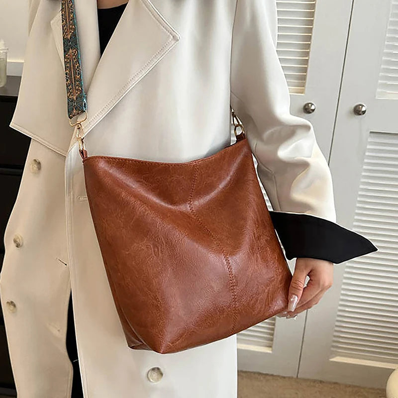PU Leather Vintage Solid Color Women Fashion Shoulder Sling Bag High-Capacity Simple Adjustable Wide — product image 3