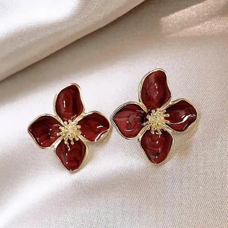 Red Flower Drip Glaze Stud Earrings — Retro Style — product image 2