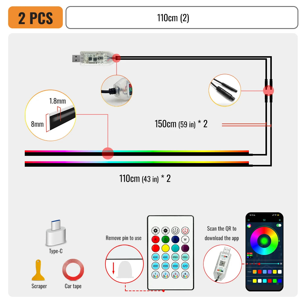 Car Ambient Light Strips — App Controlled RGB, Acrylic, 110 cm — product image 10