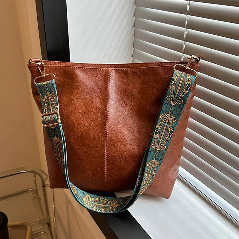 PU Leather Vintage Solid Color Women Fashion Shoulder Sling Bag High-Capacity Simple Adjustable Wide — product image 7