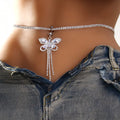 Waist chain with a rhinestone butterfly and hanging chain tassels.