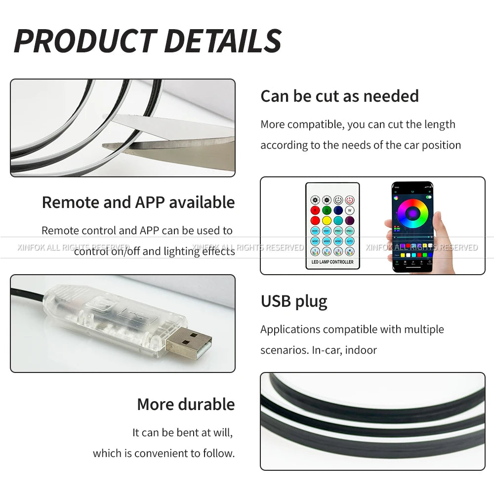 Car Ambient Light Strips — App Controlled RGB, Acrylic, 110 cm — product image 2