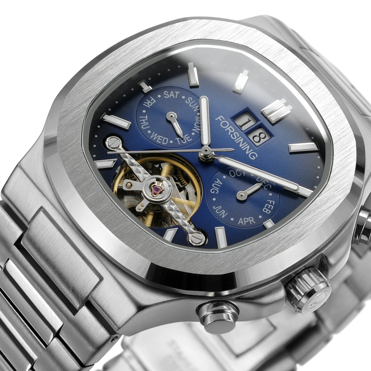 Forsining military automatic watch with skeleton dial and steel bracelet
