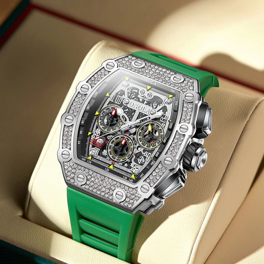 ONOLA diamond-set automatic watch with silicone strap