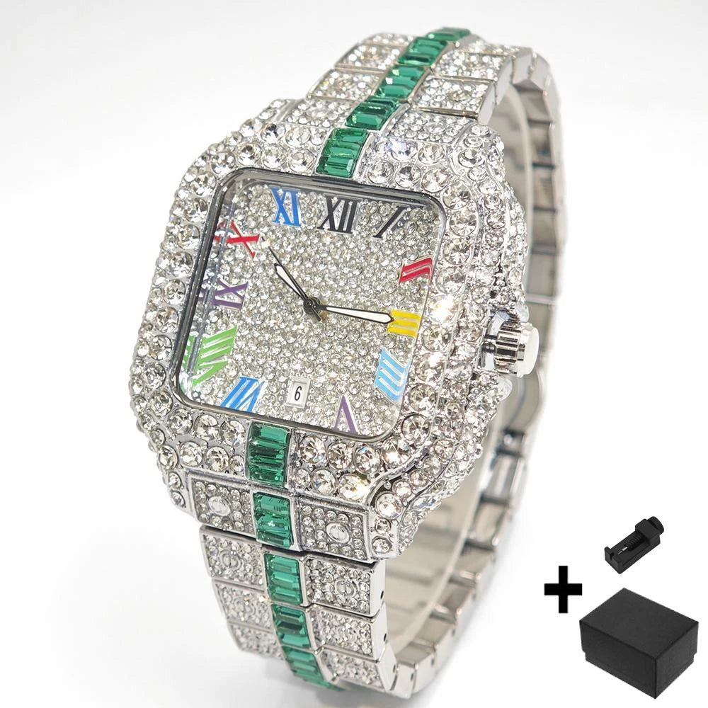 Iced-Out Square Quartz Watch — Stainless Steel, Auto Date — product image 13