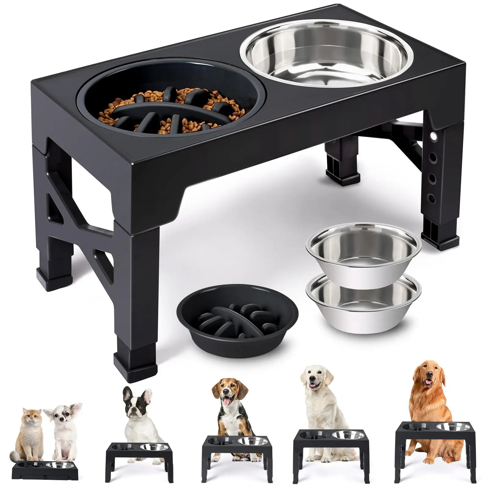 Elevated dog bowl stand with two stainless steel bowls